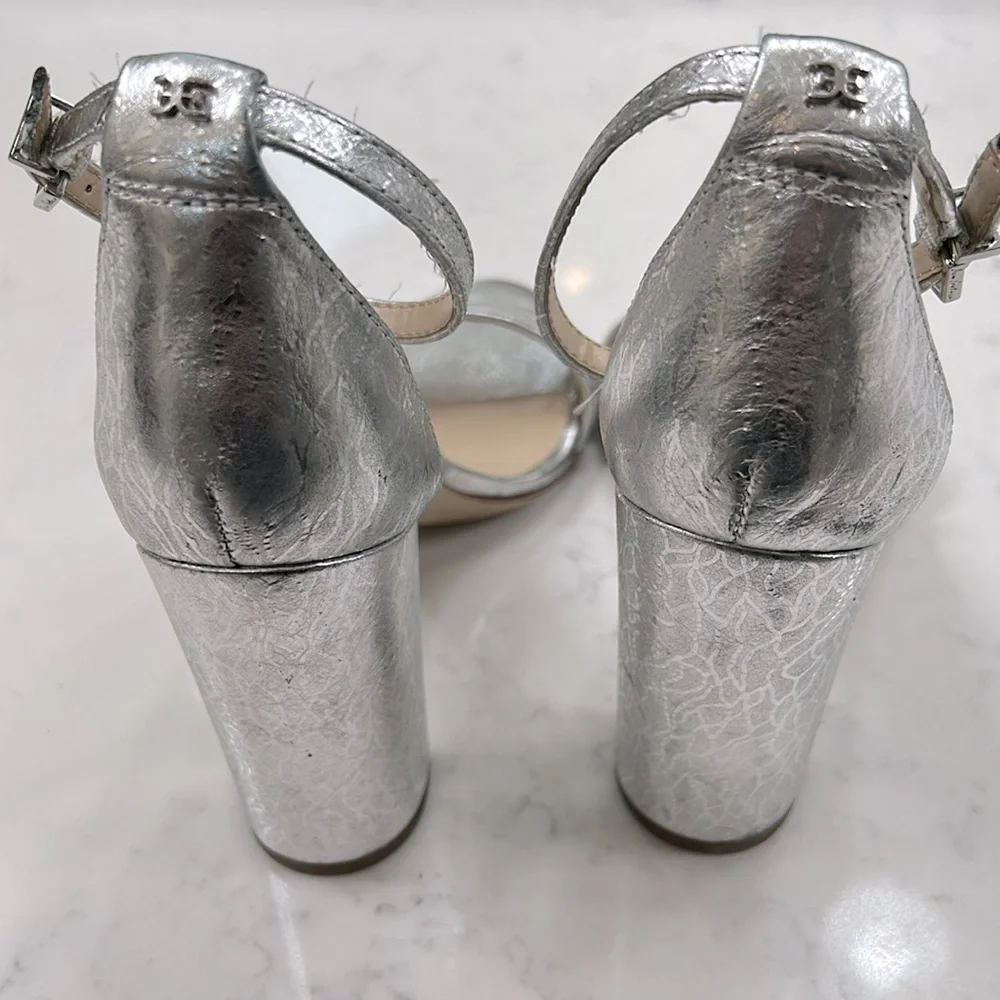 SAM EDELMAN Daniella Block Heel Leather Sandal Elegant Silver Size 6 - Picture 4 of 7